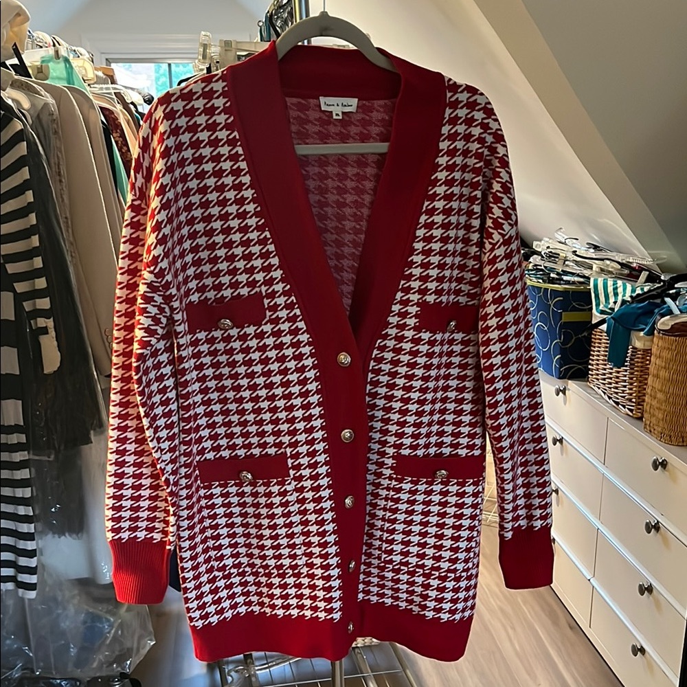 Red Houndstooth Cardigan Sweater